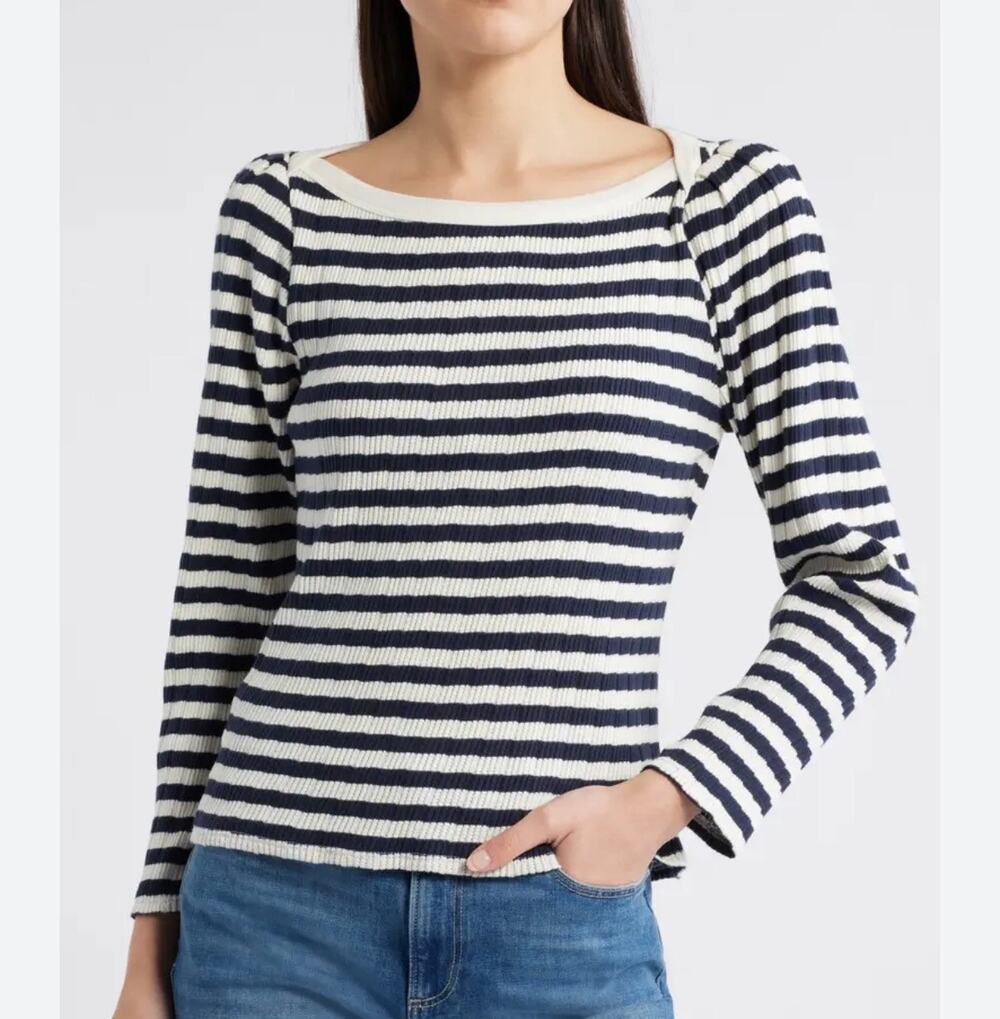 Nation LTD Amelie Stripe Envelope Neck Long Sleeve Black White Top Sz Med